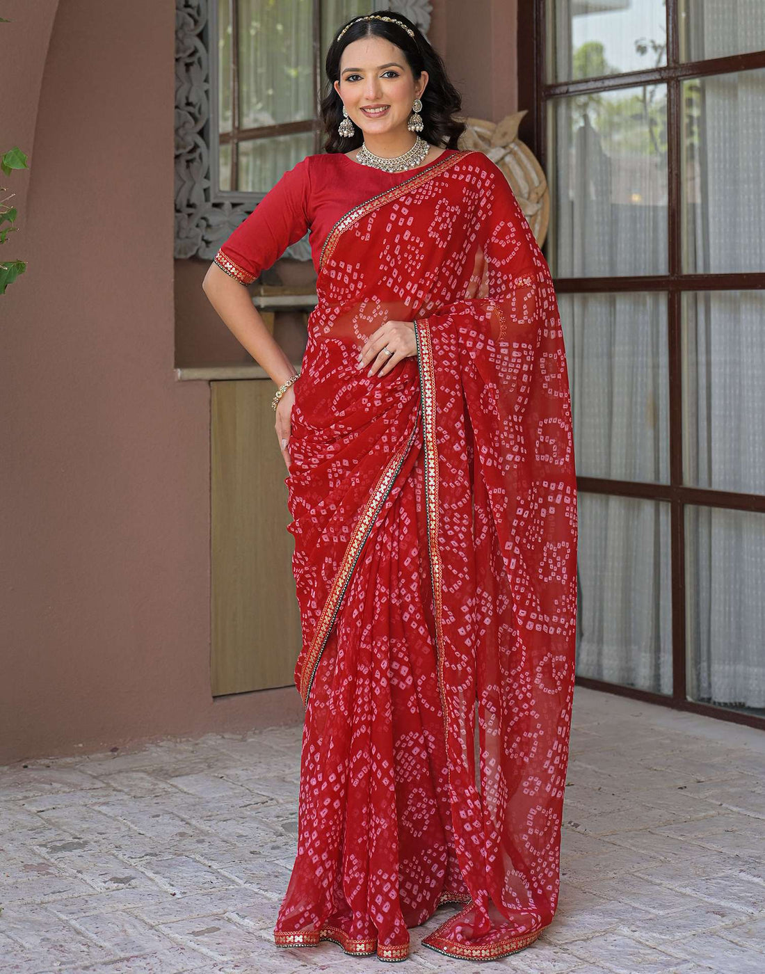 Red Chiffon Bandhani Printed Saree