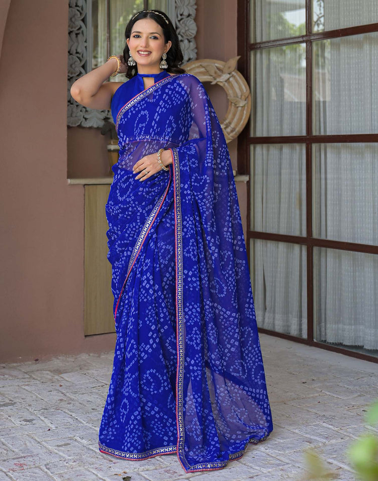 Blue Chiffon Bandhani Printed Saree