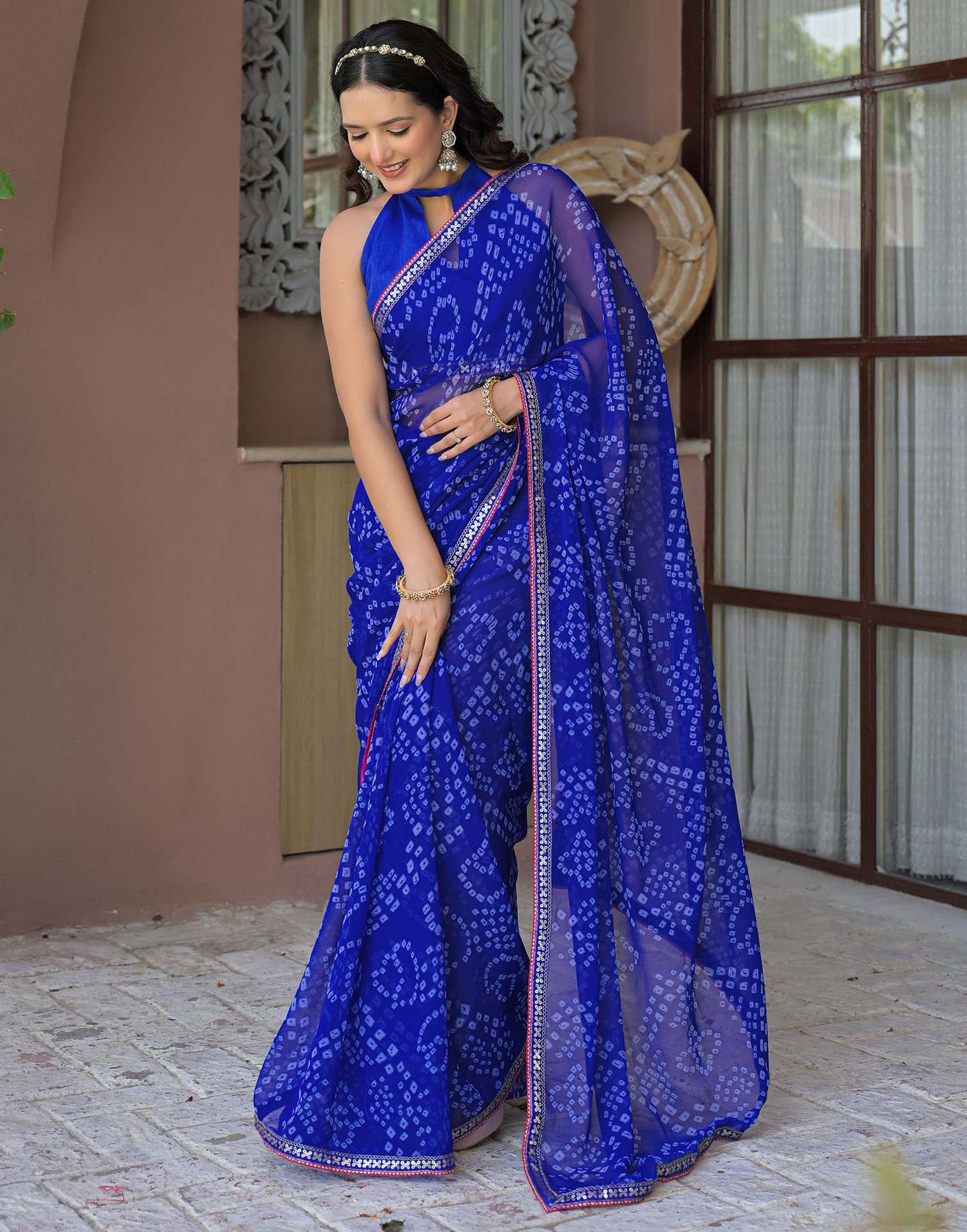 Blue Chiffon Bandhani Printed Saree
