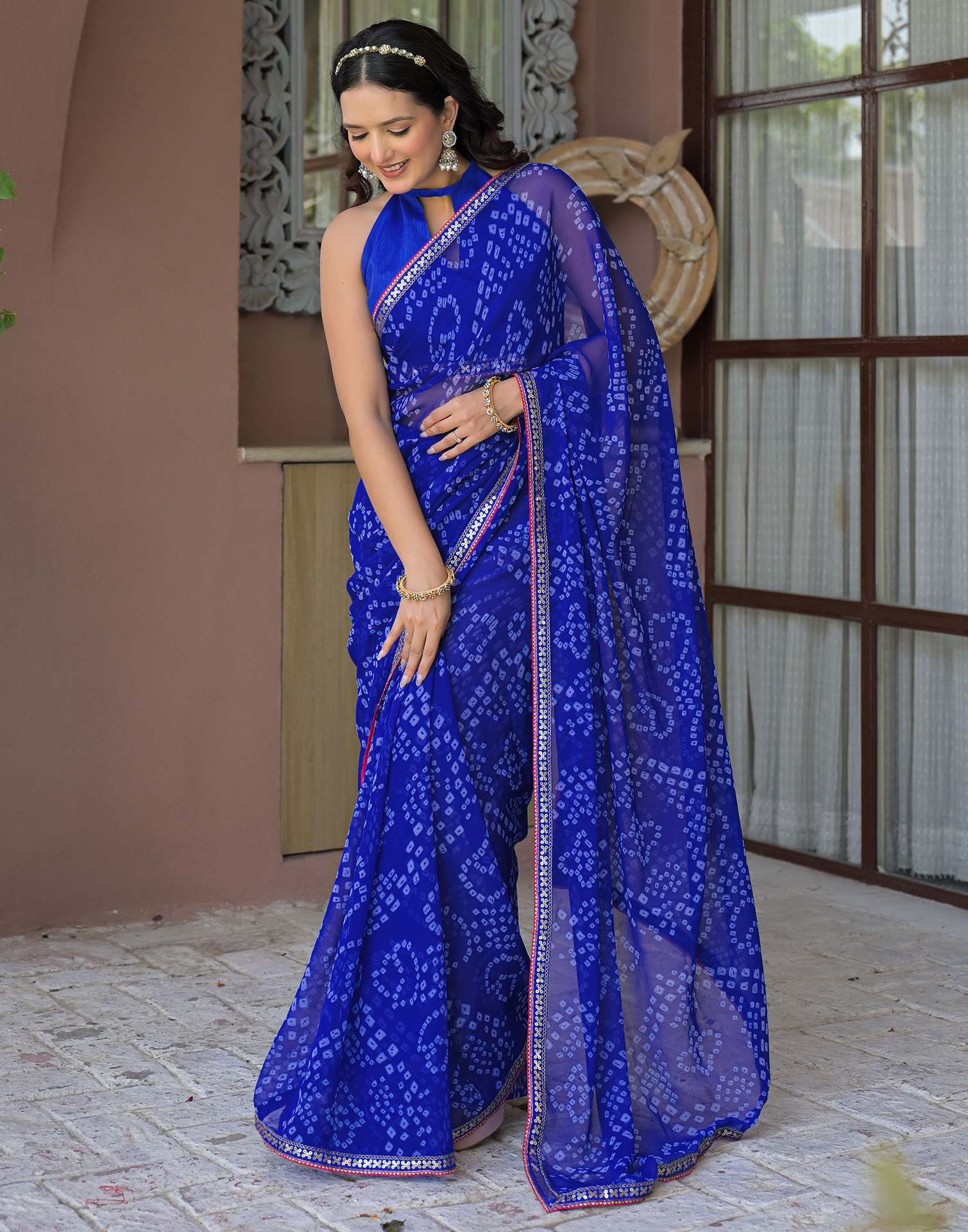 Blue Chiffon Bandhani Printed Saree