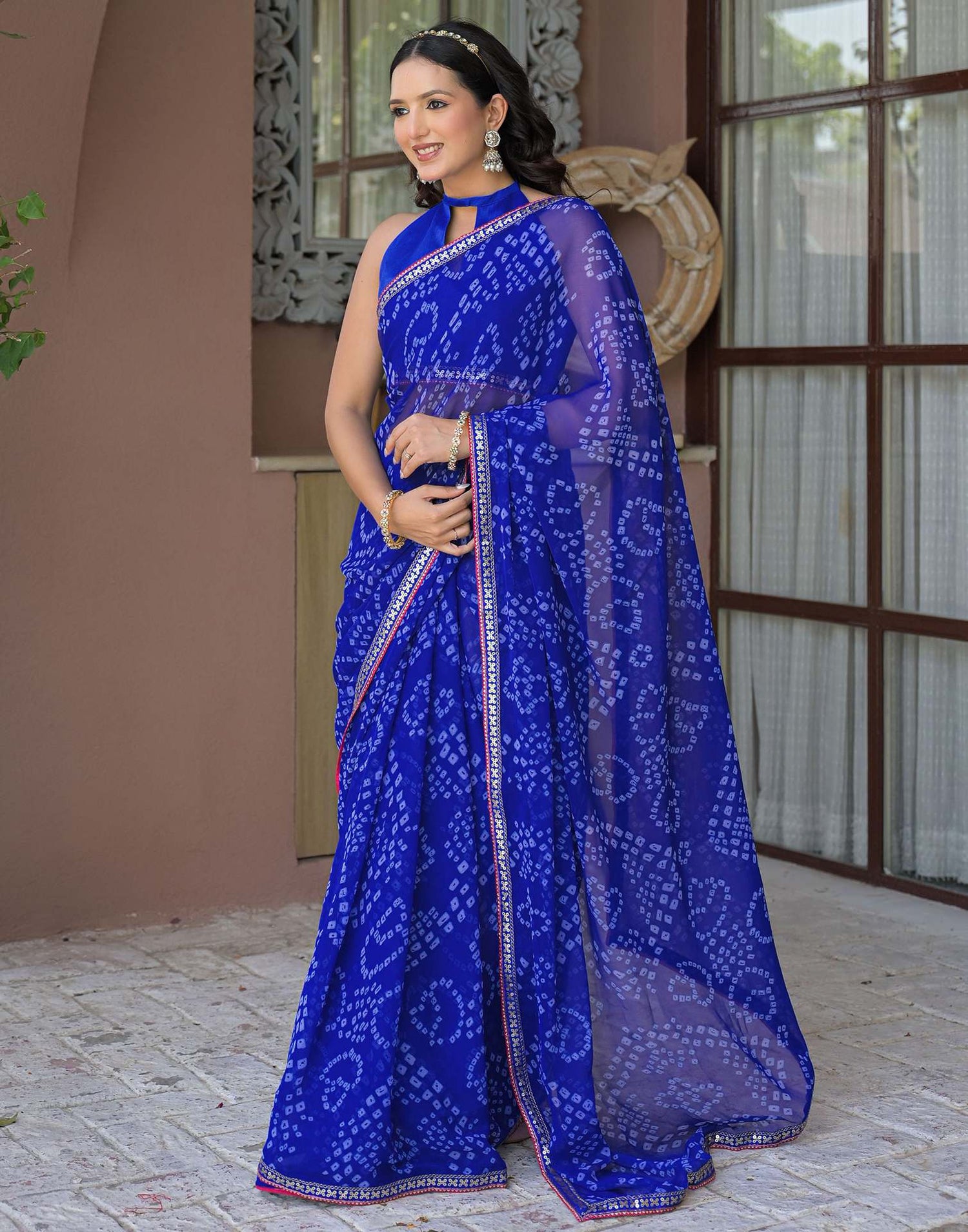 Blue Chiffon Bandhani Printed Saree