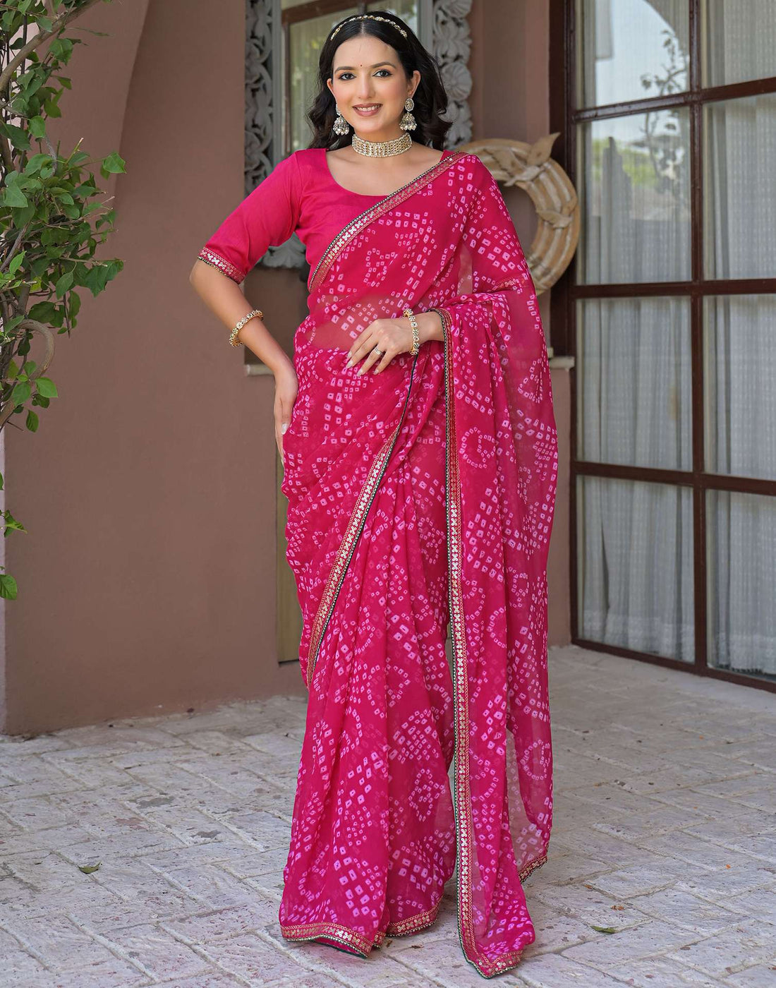 Pink Chiffon Bandhani Printed Saree