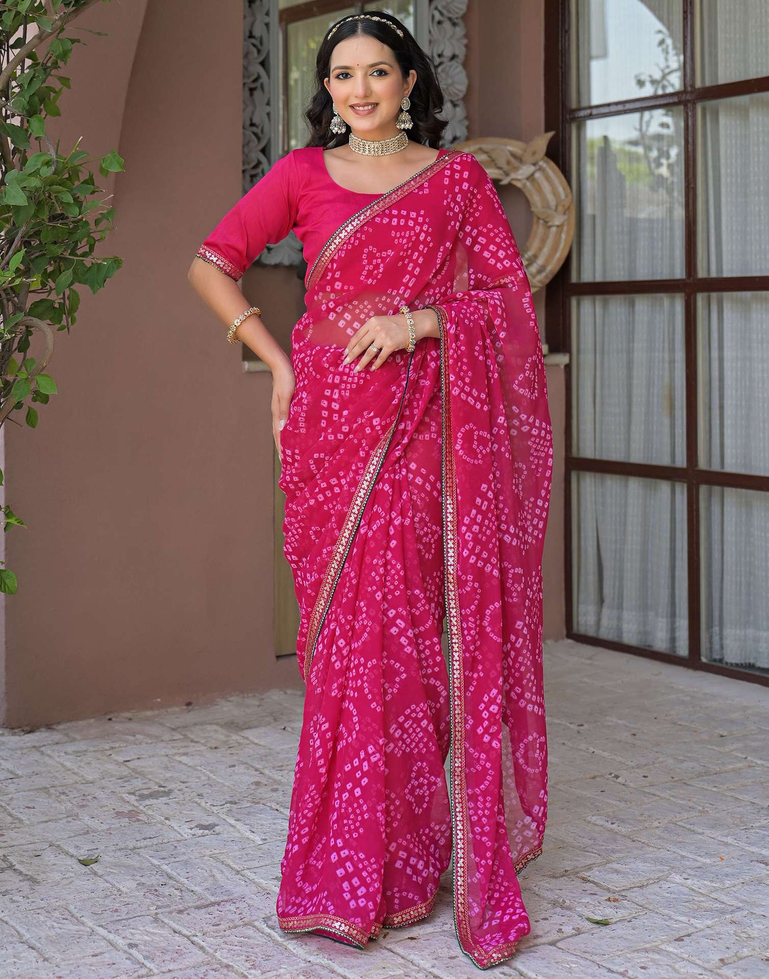 Pink Chiffon Bandhani Printed Saree