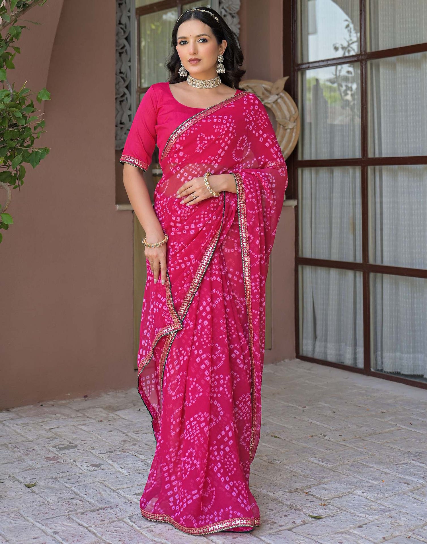 Pink Chiffon Bandhani Printed Saree