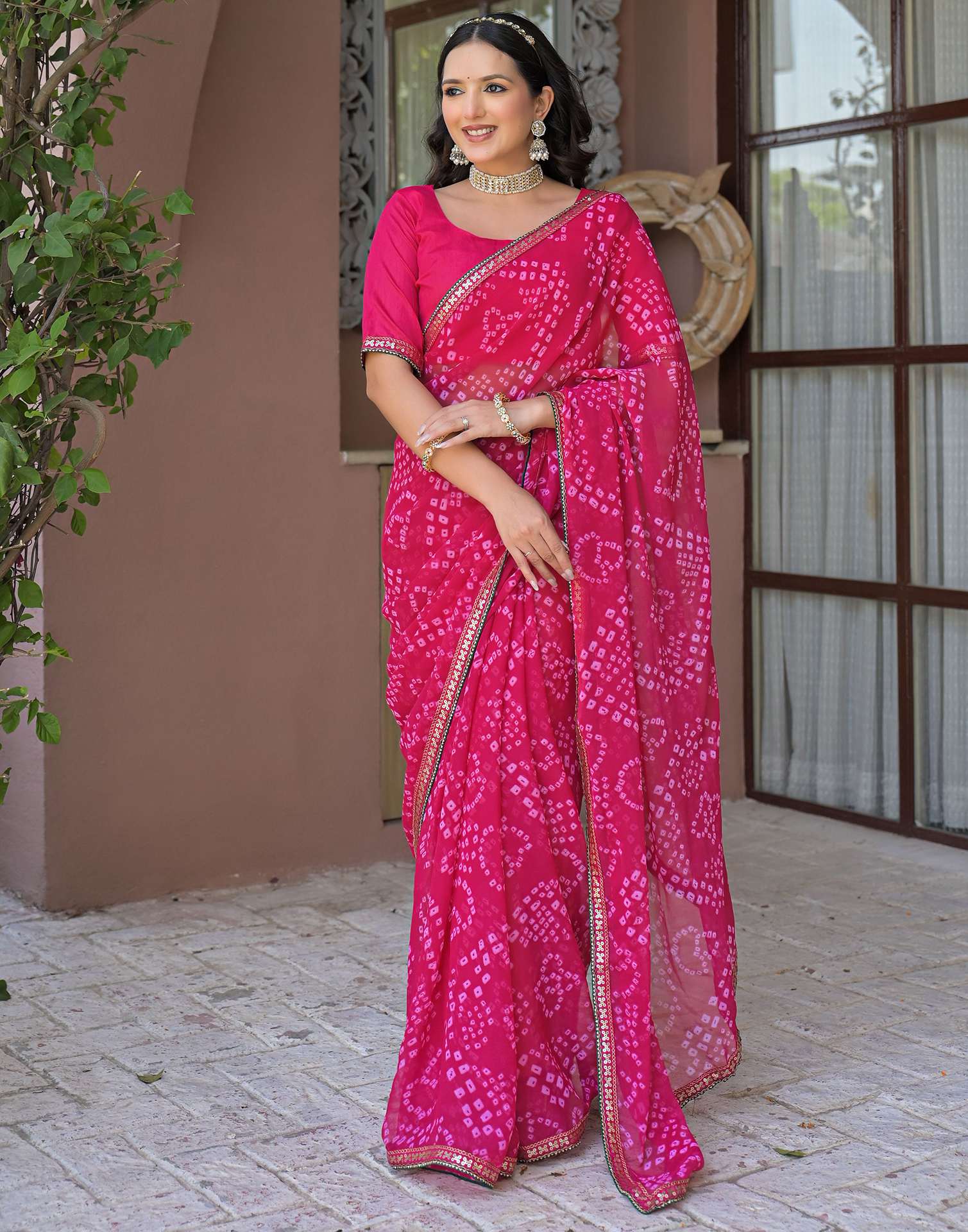 Pink Chiffon Bandhani Printed Saree