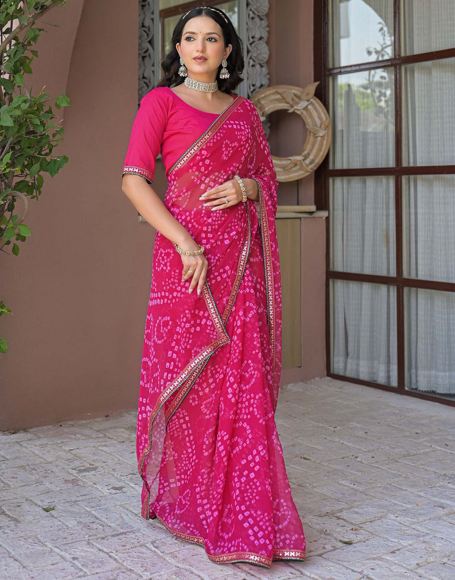 Pink Chiffon Bandhani Printed Saree