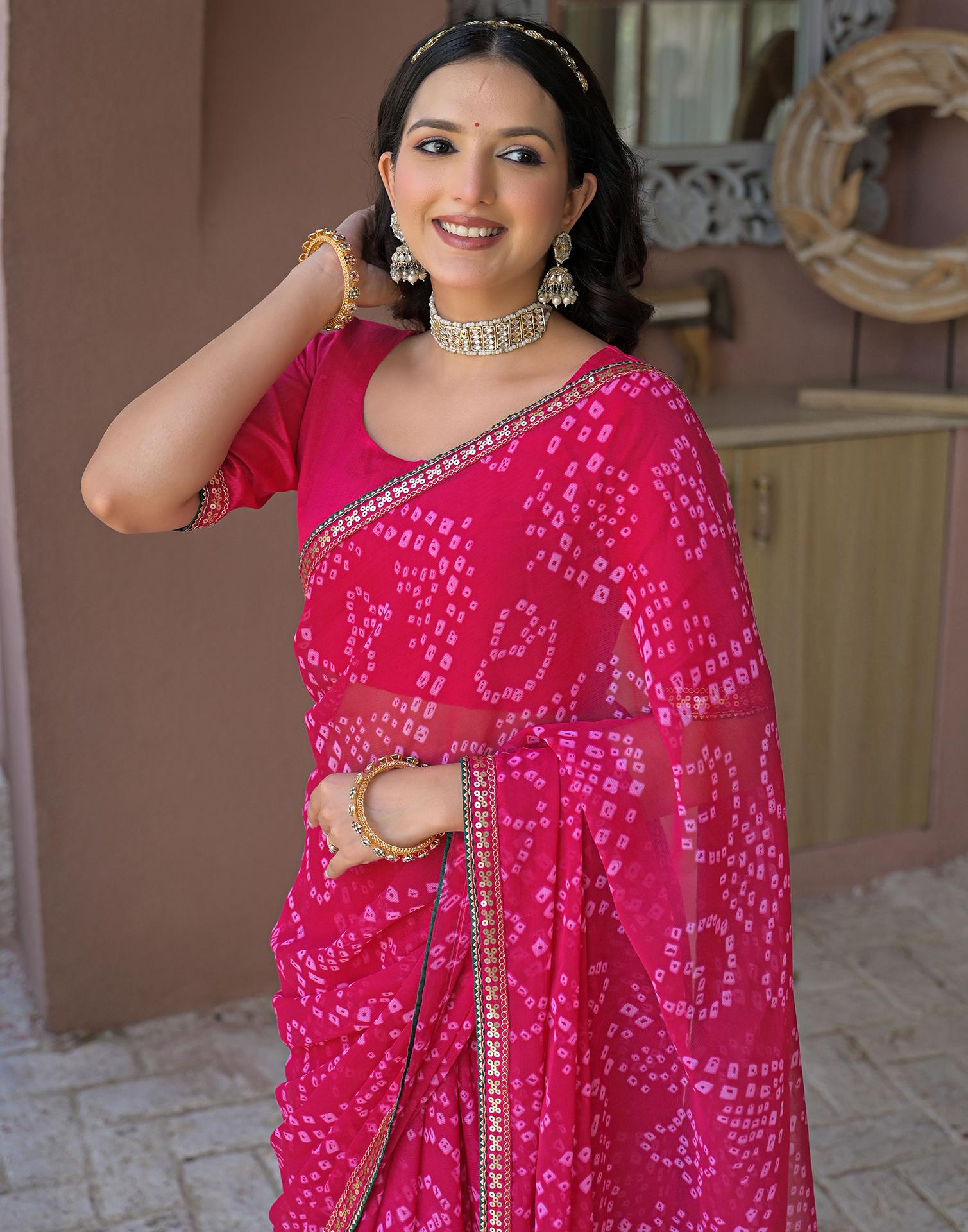 Pink Chiffon Bandhani Printed Saree