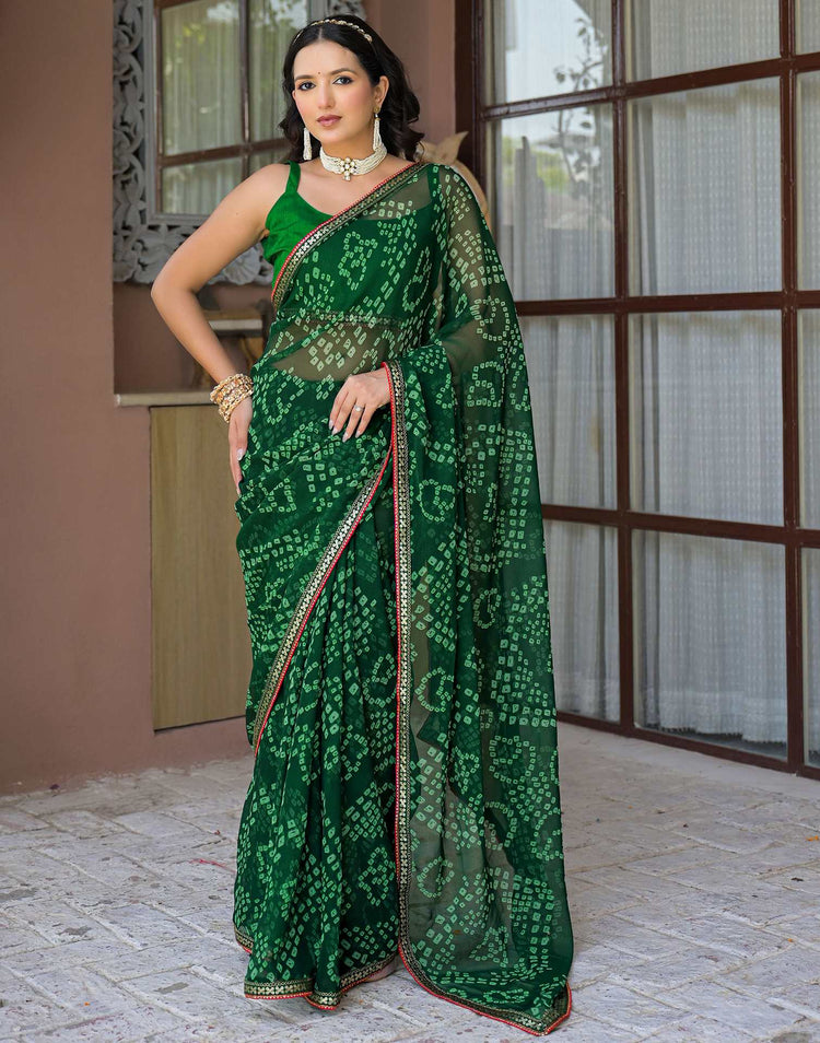 Green Chiffon Bandhani Printed Saree
