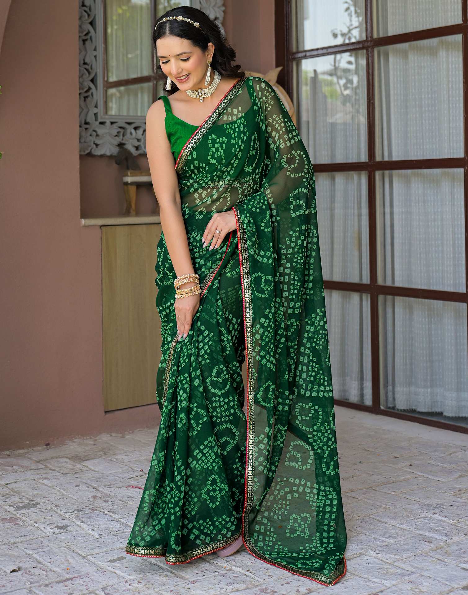 Green Chiffon Bandhani Printed Saree