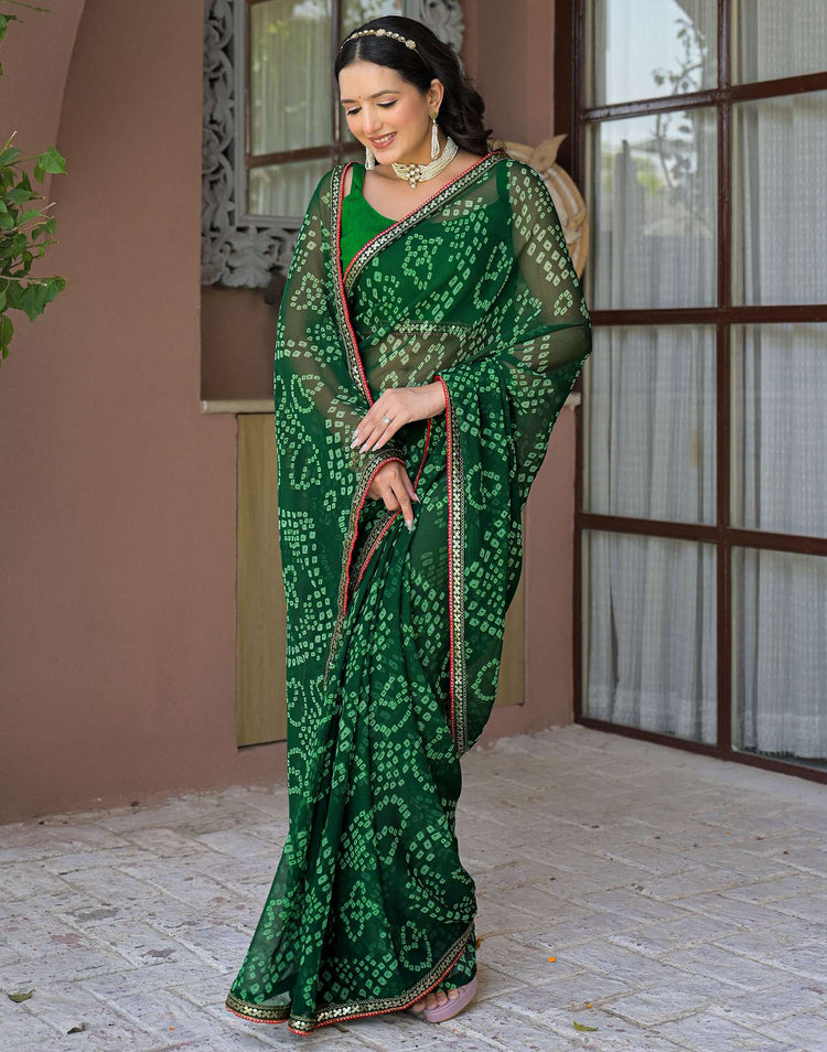 Green Chiffon Bandhani Printed Saree