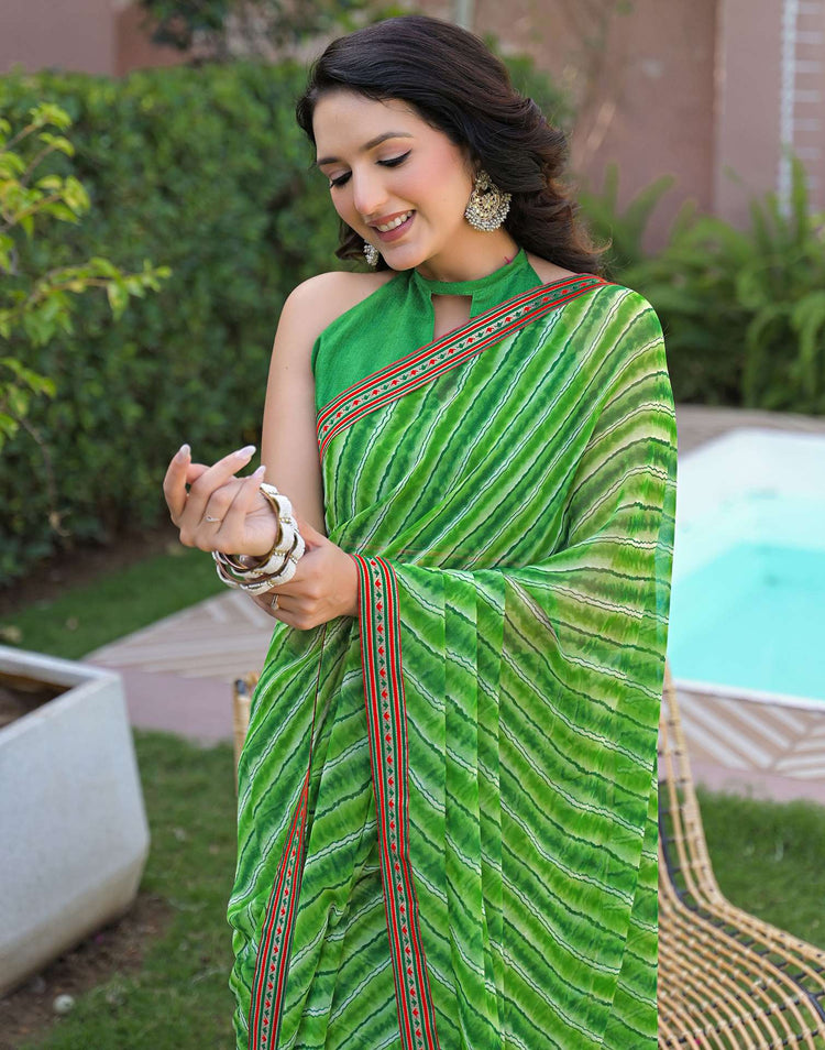 Parrot Green Georgette Laheriya Printed Saree