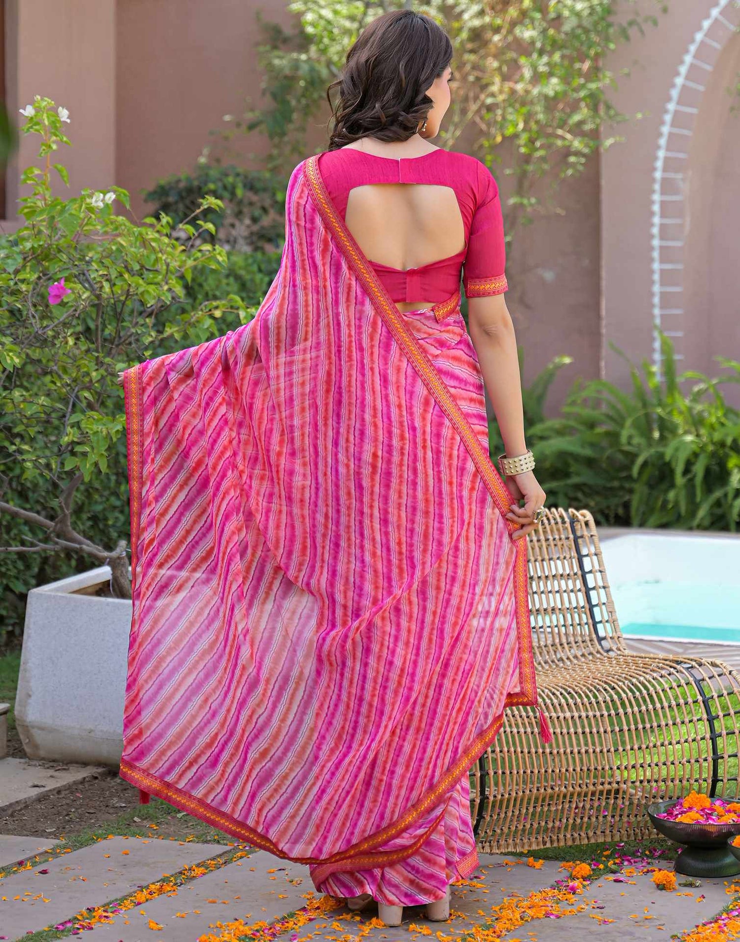 Pink Georgette Laheriya Printed Saree