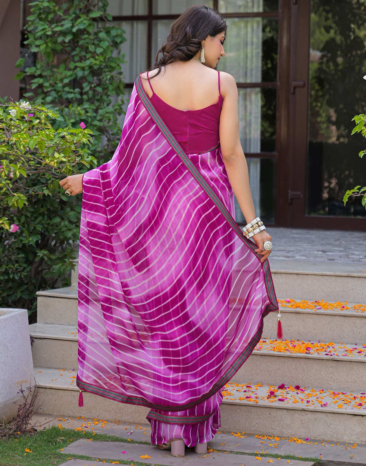 Pink Georgette Laheriya Printed Saree