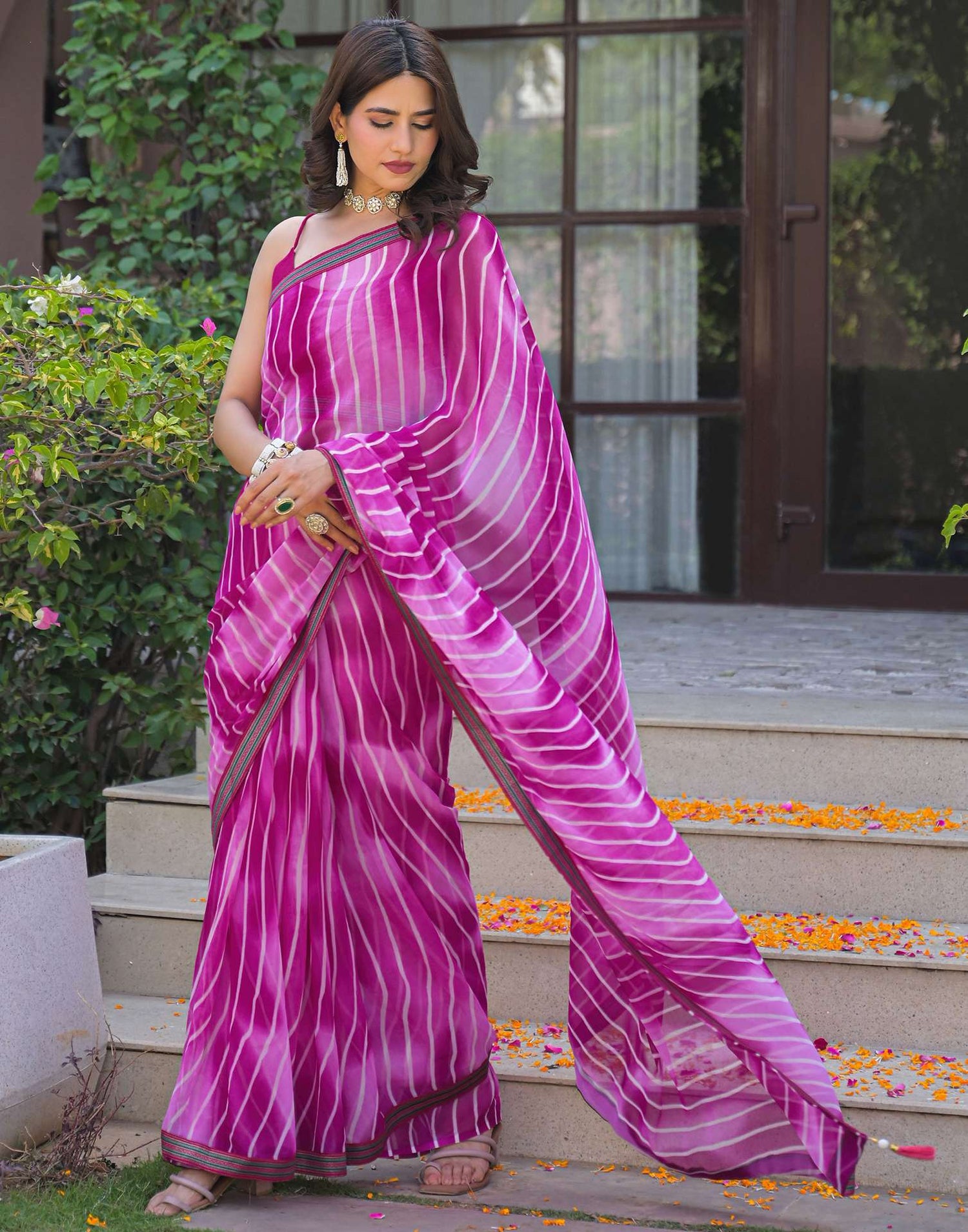Pink Georgette Laheriya Printed Saree