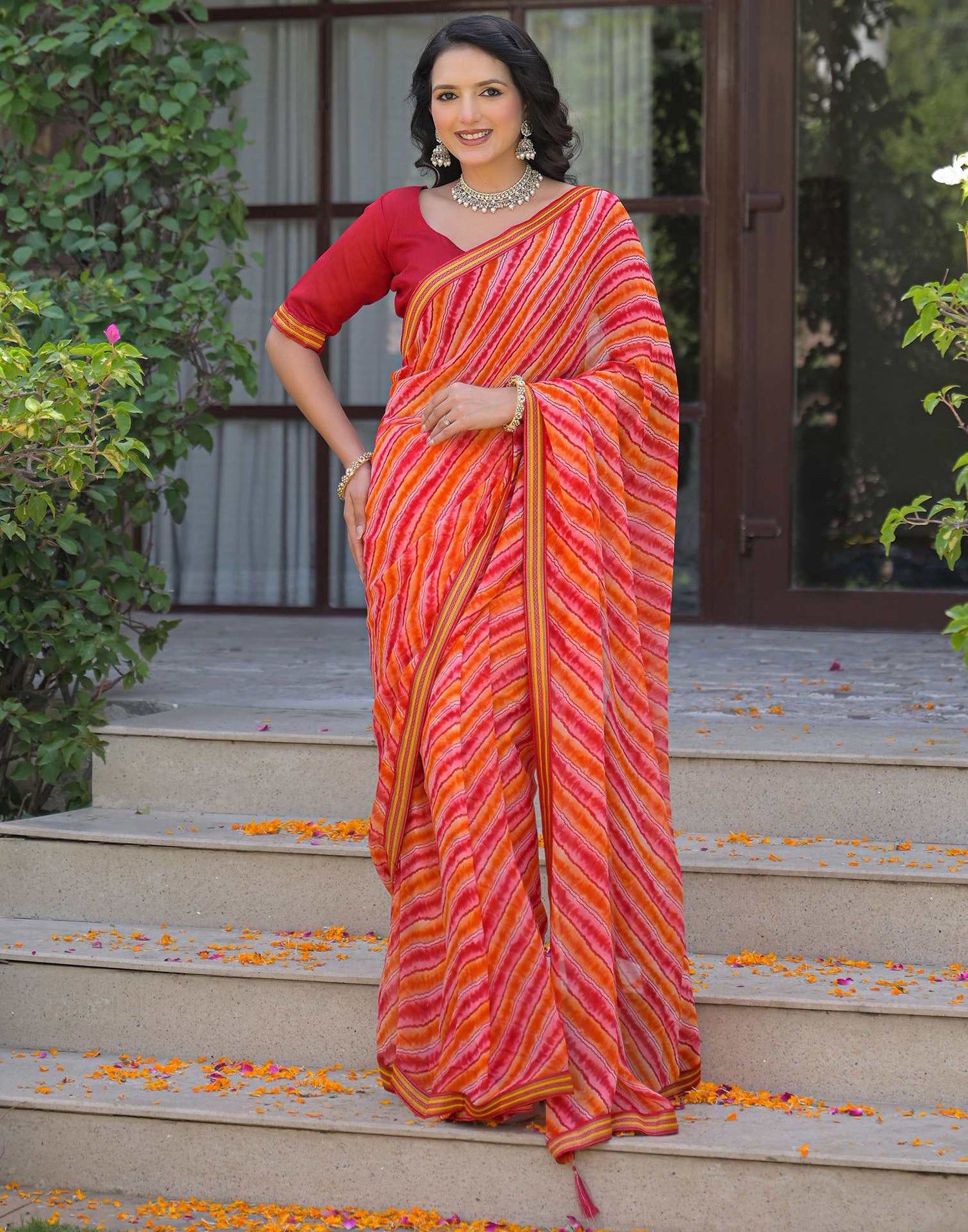 Orange Georgette Laheriya Printed Saree