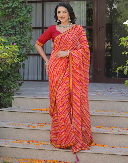 Orange Georgette Laheriya Printed Saree