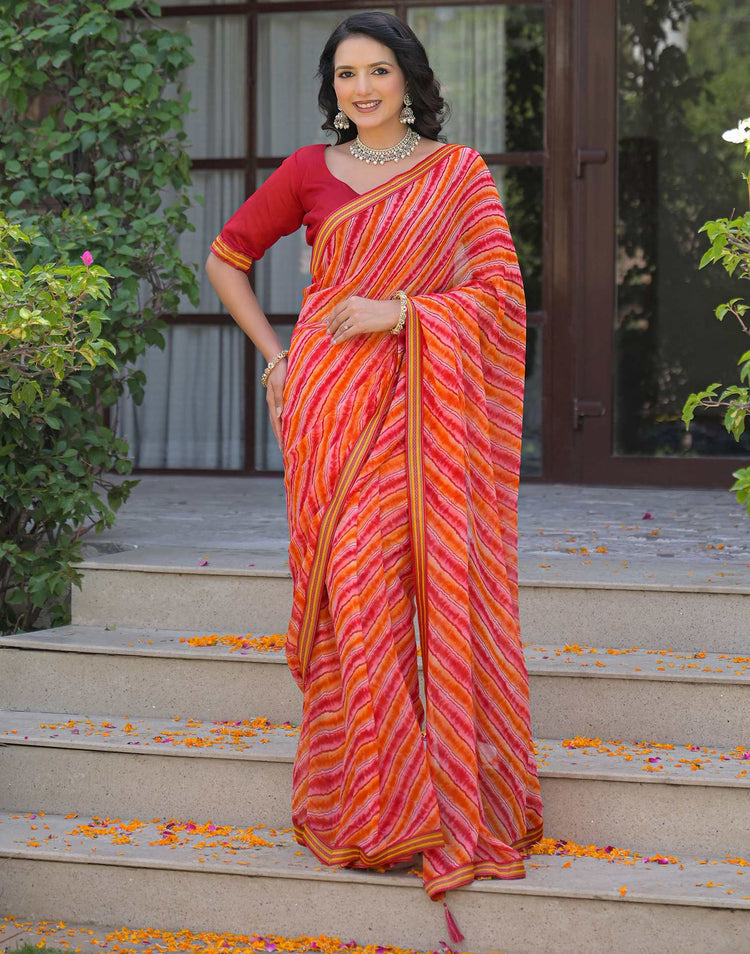 Orange Georgette Laheriya Printed Saree