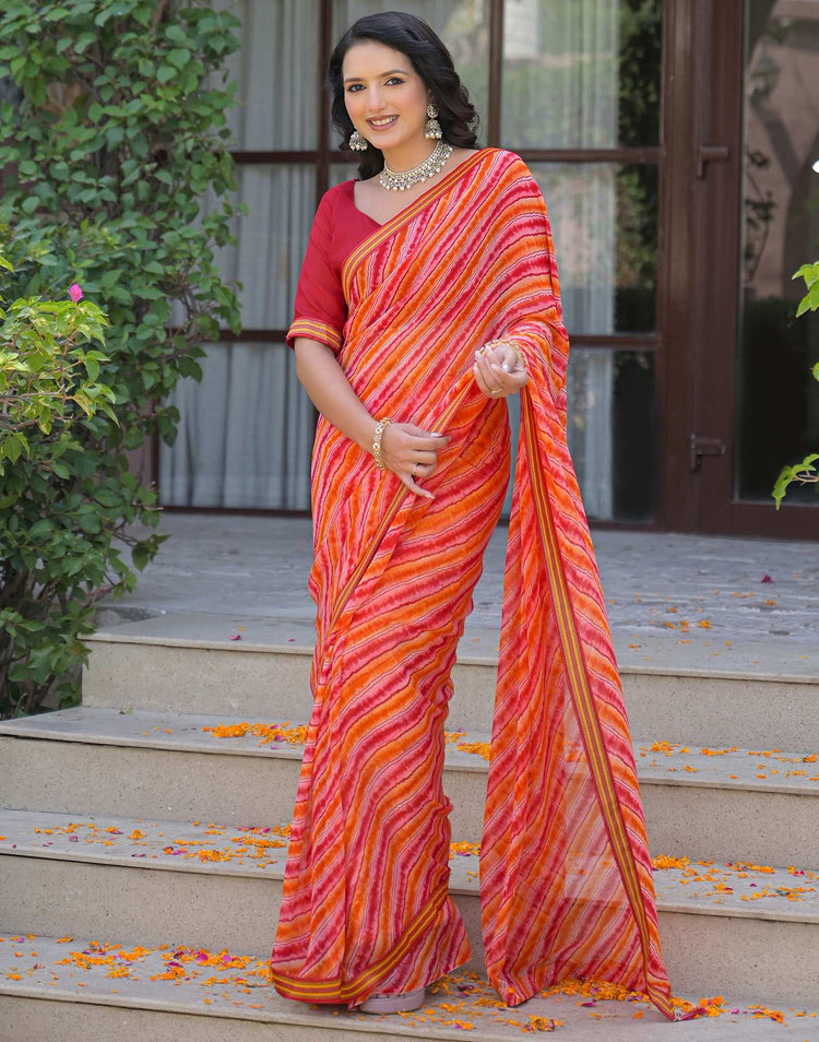 Orange Georgette Laheriya Printed Saree