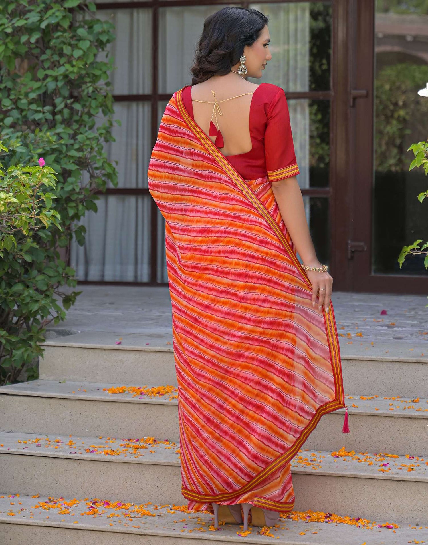 Orange Georgette Laheriya Printed Saree