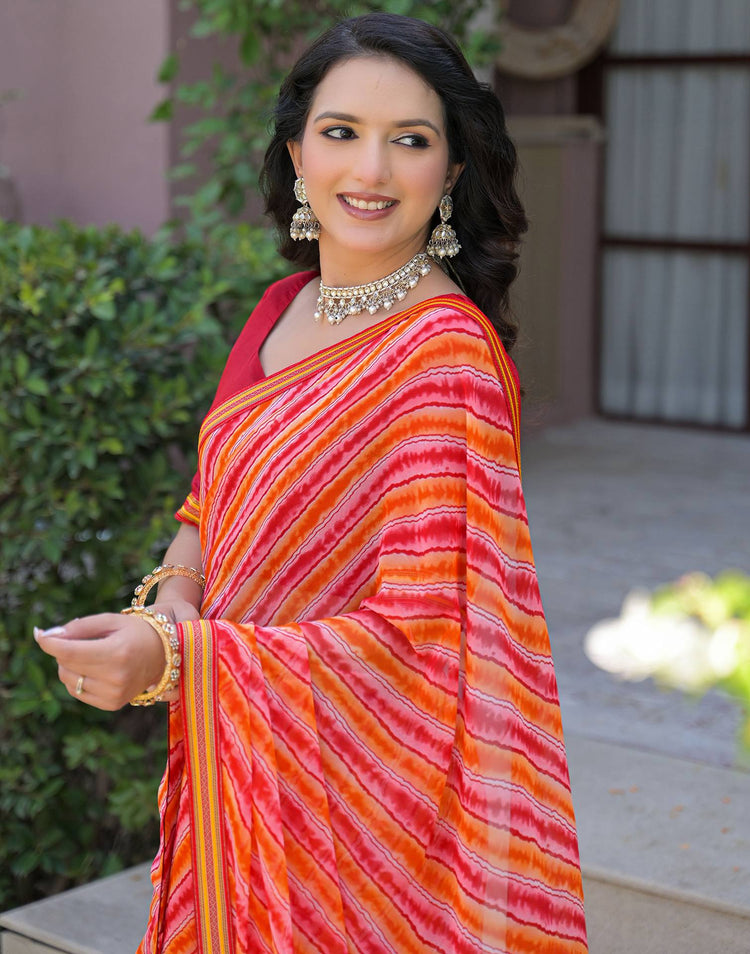 Orange Georgette Laheriya Printed Saree