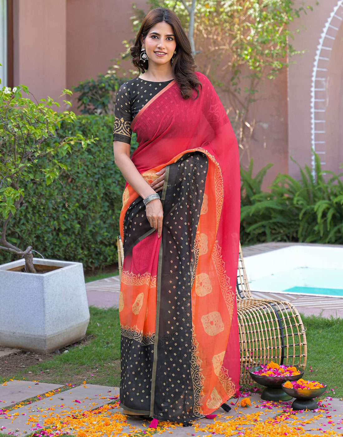 Pink Linen Bandhani Printed Printed Saree