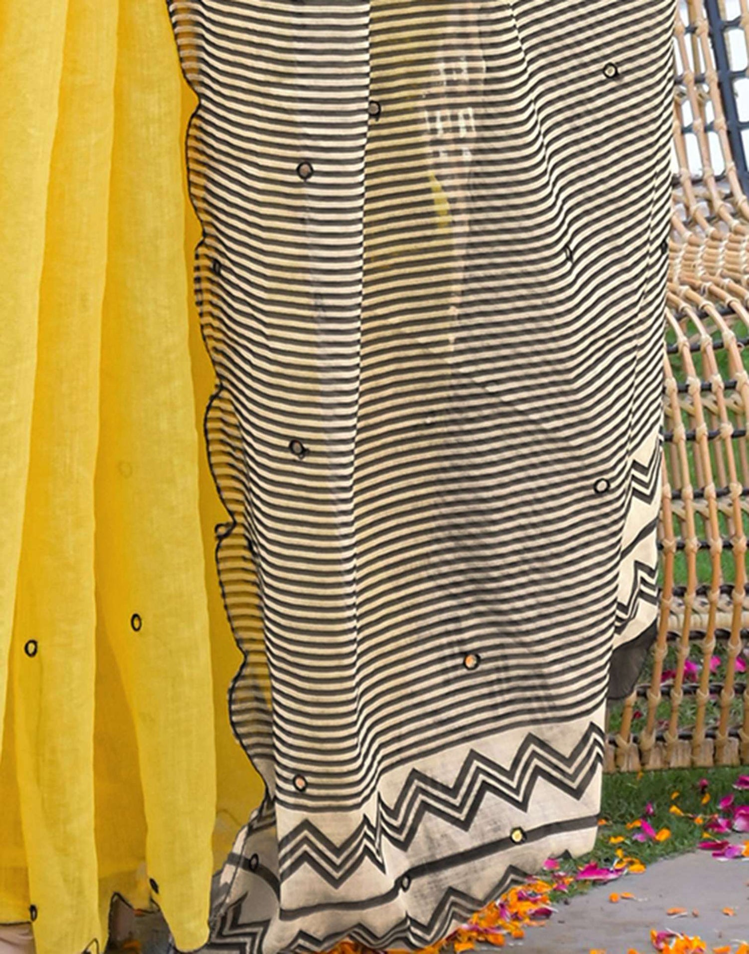 Yellow Linen Mirror Work Printed Saree