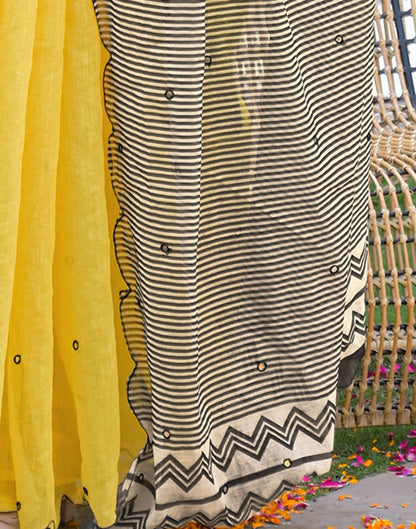 Yellow Linen Mirror Work Printed Saree