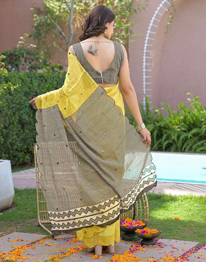 Yellow Linen Mirror Work Printed Saree
