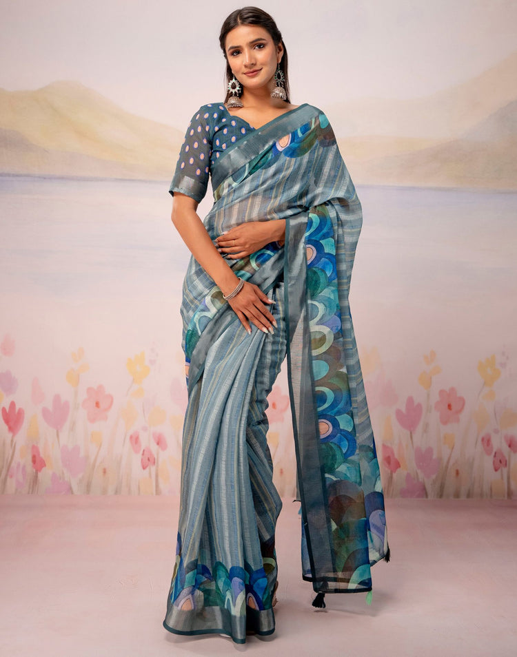 Grey Linen Printed Zari Border Saree