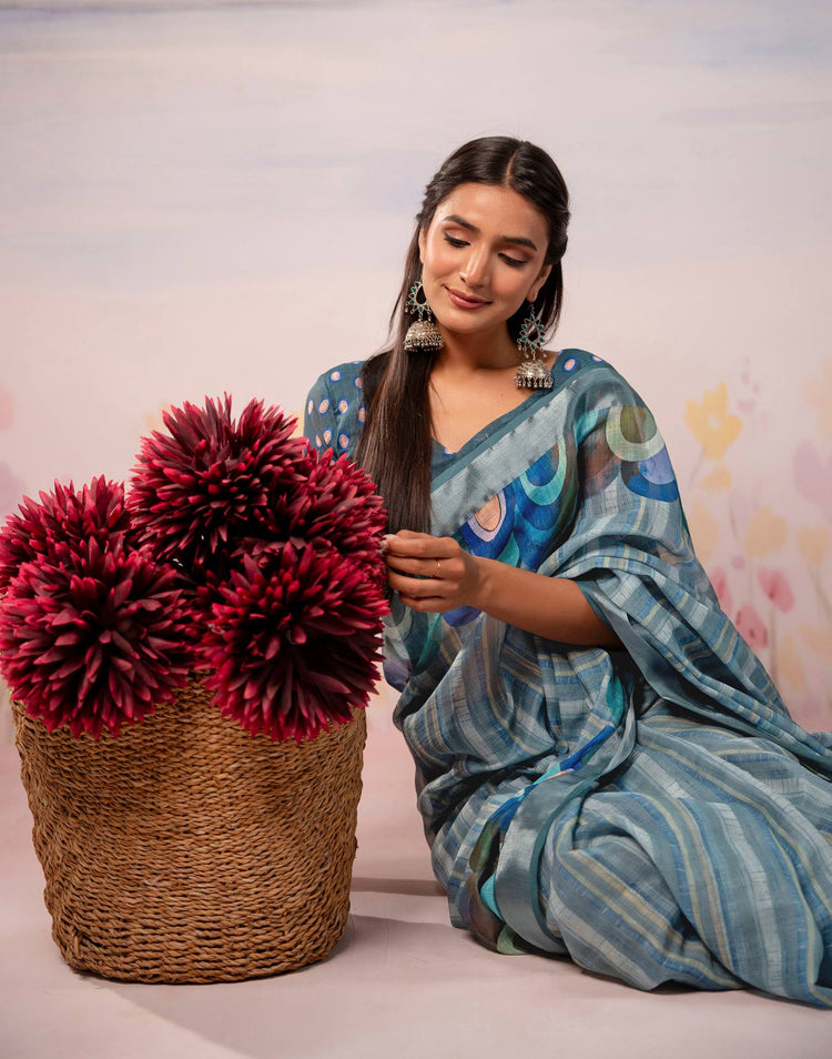 Grey Linen Printed Zari Border Saree