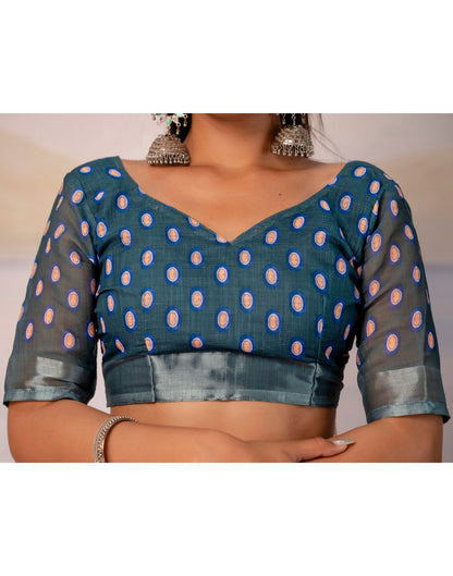 Grey Linen Printed Zari Border Saree