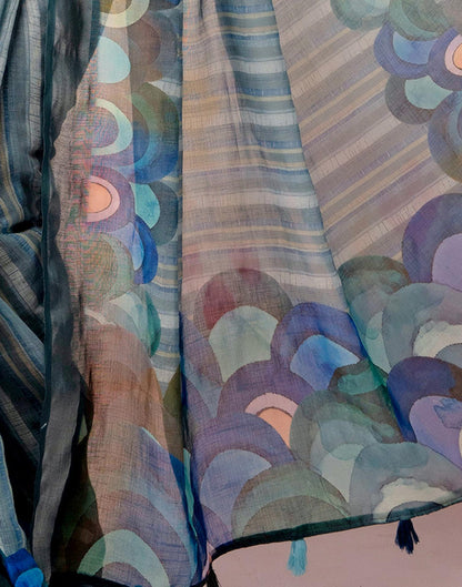 Grey Linen Printed Zari Border Saree