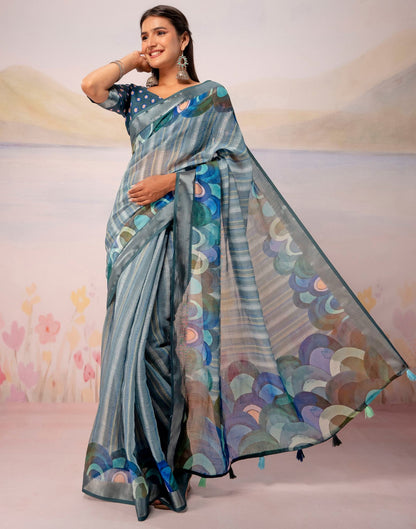 Grey Linen Printed Zari Border Saree