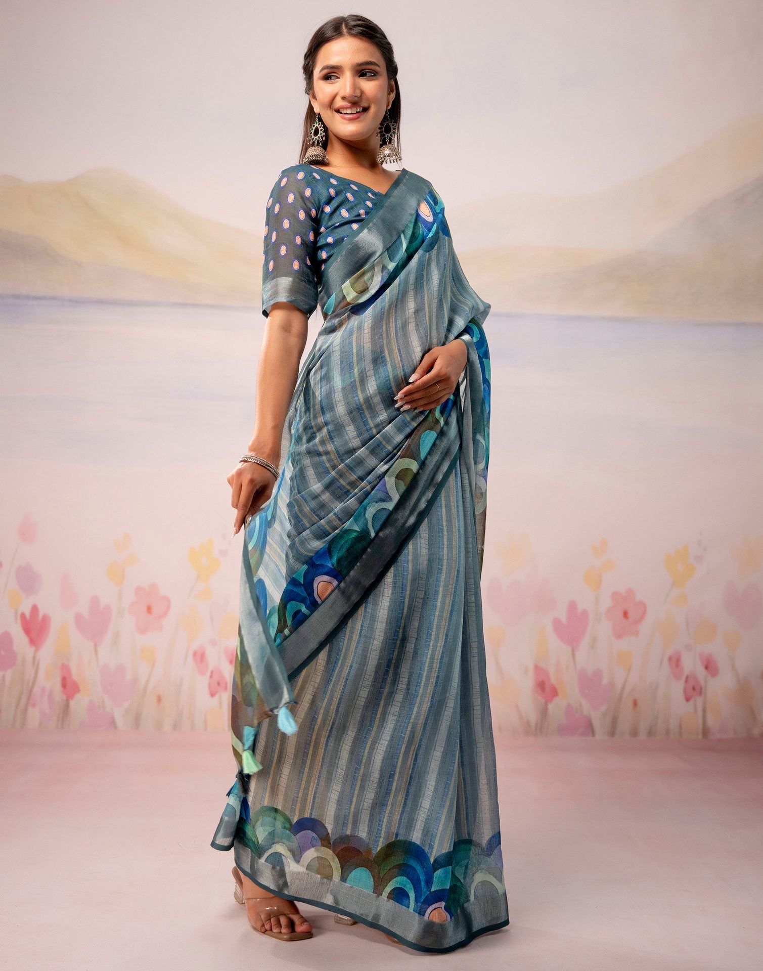 Grey Linen Printed Zari Border Saree