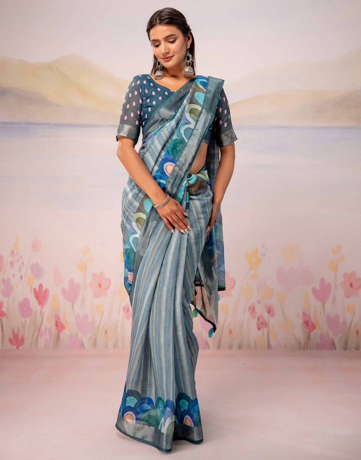 Grey Linen Printed Zari Border Saree
