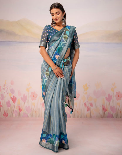 Grey Linen Printed Zari Border Saree