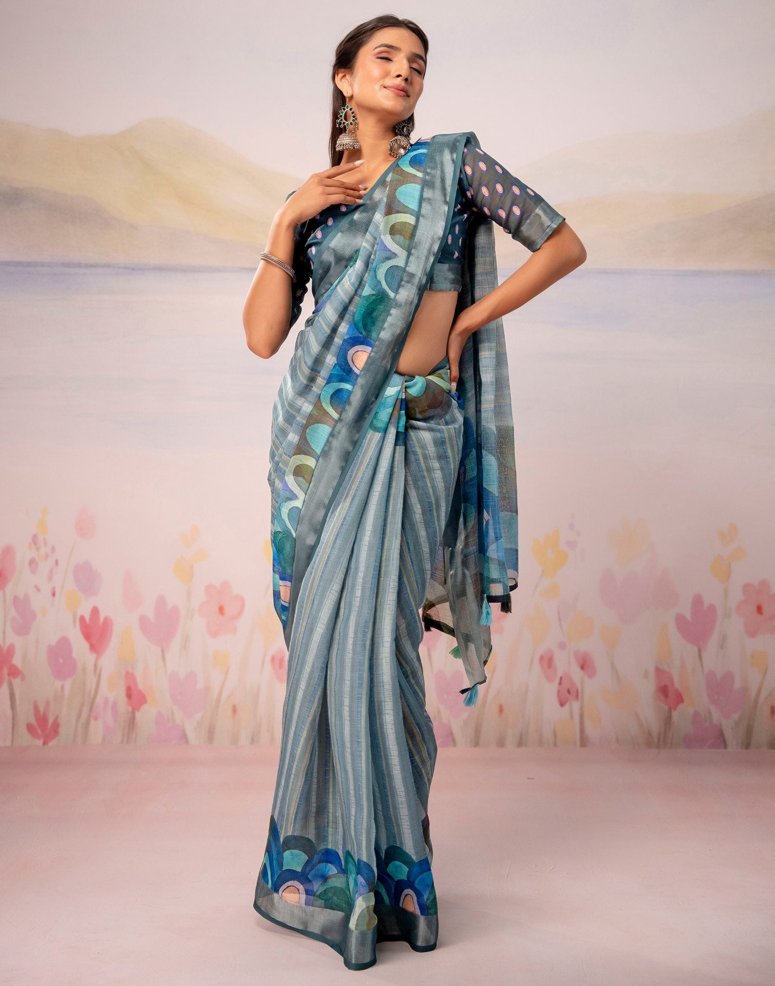 Grey Linen Printed Zari Border Saree
