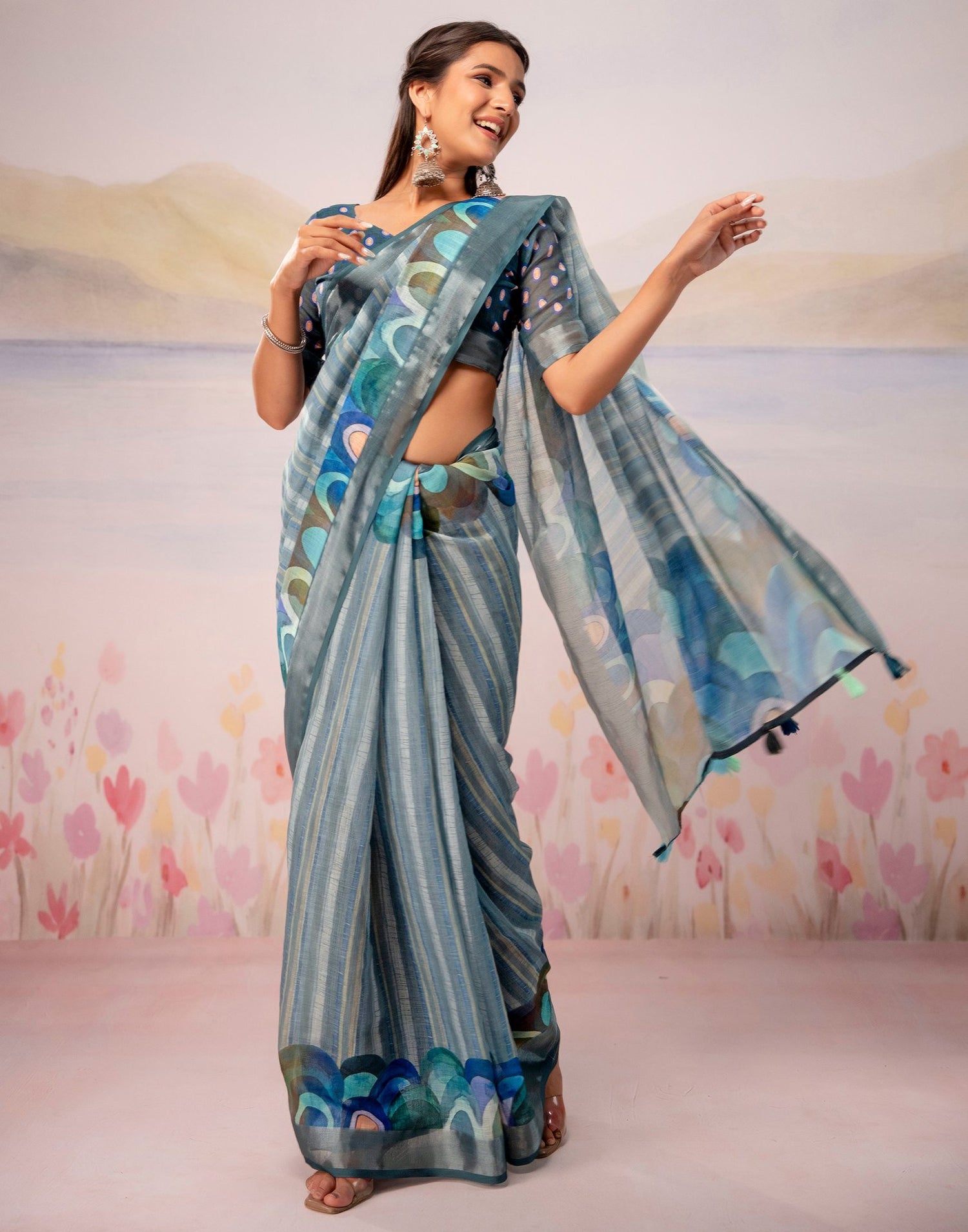 Grey Linen Printed Zari Border Saree