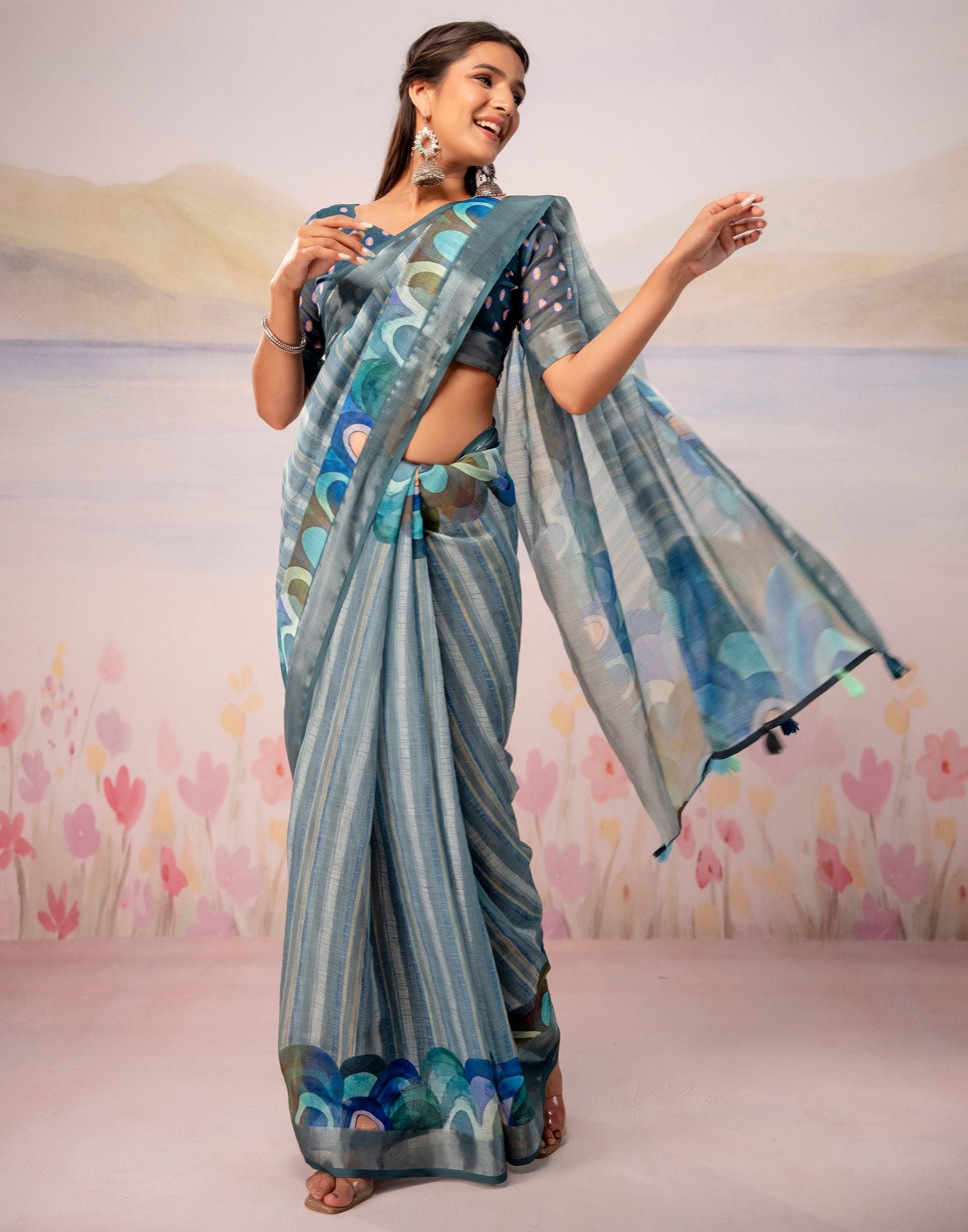 Grey Linen Printed Zari Border Saree