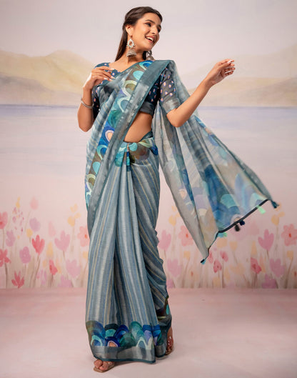 Grey Linen Printed Zari Border Saree