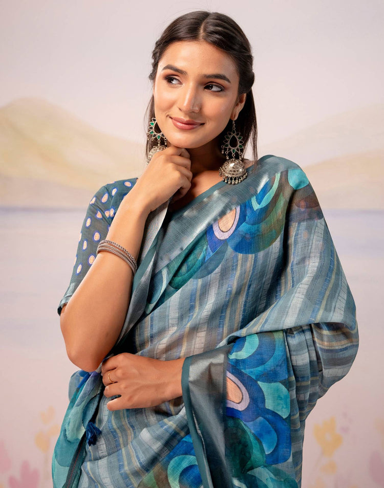 Grey Linen Printed Zari Border Saree