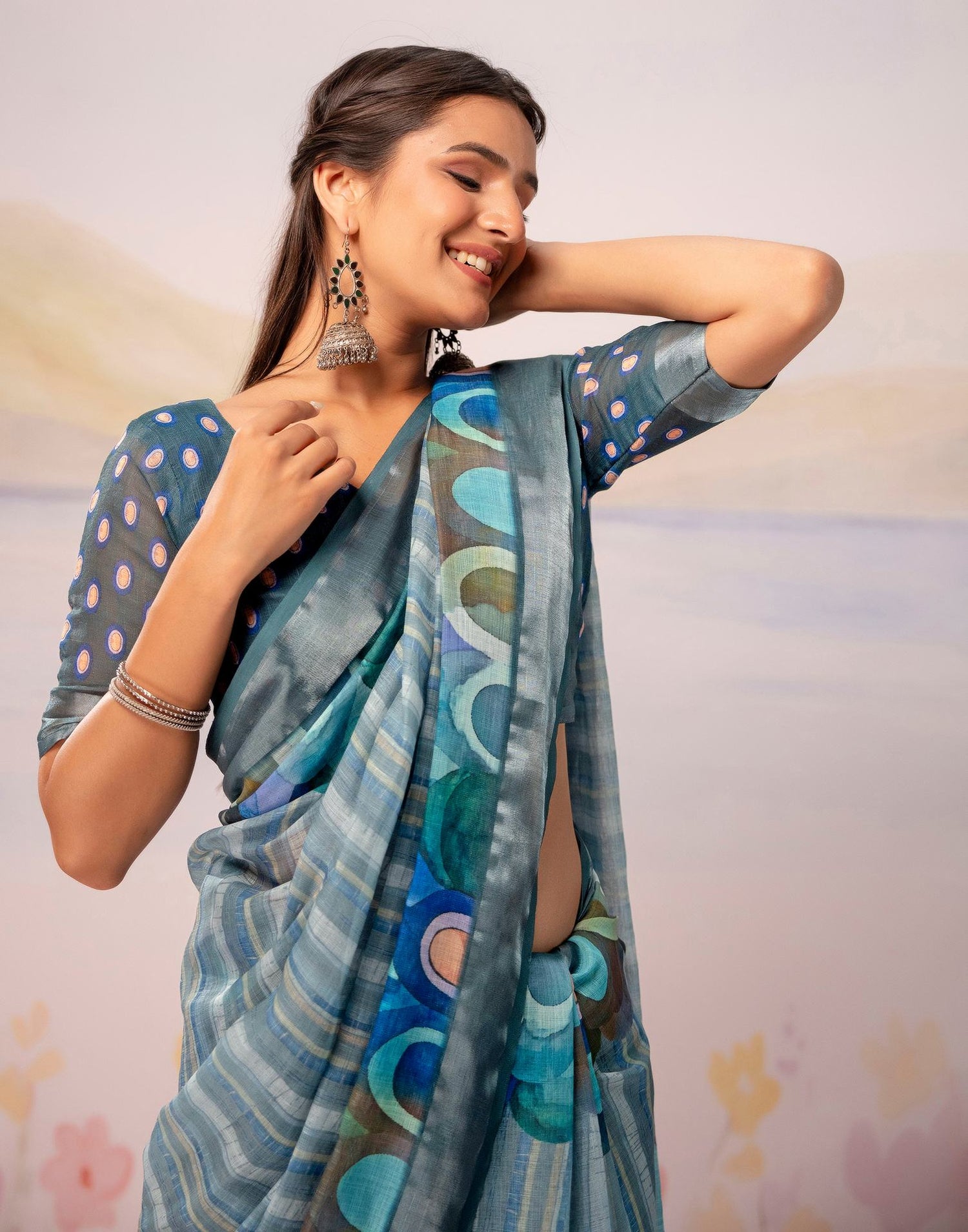 Grey Linen Printed Zari Border Saree