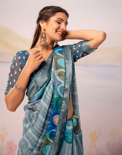 Grey Linen Printed Zari Border Saree