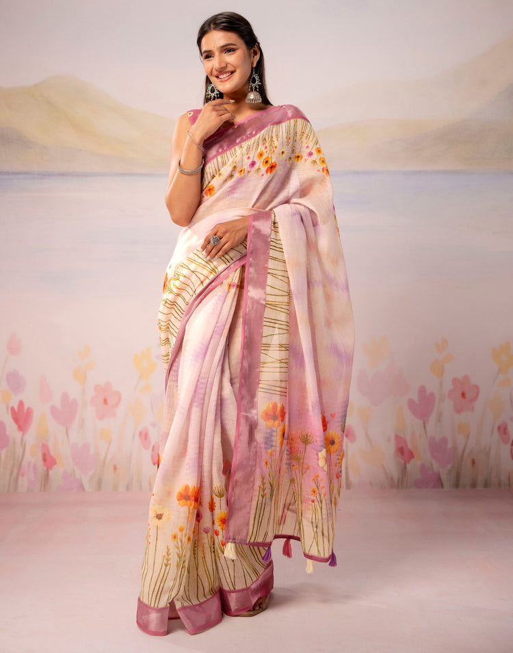 Light Pink Linen Printed Zari Border Saree