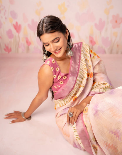 Light Pink Linen Printed Zari Border Saree