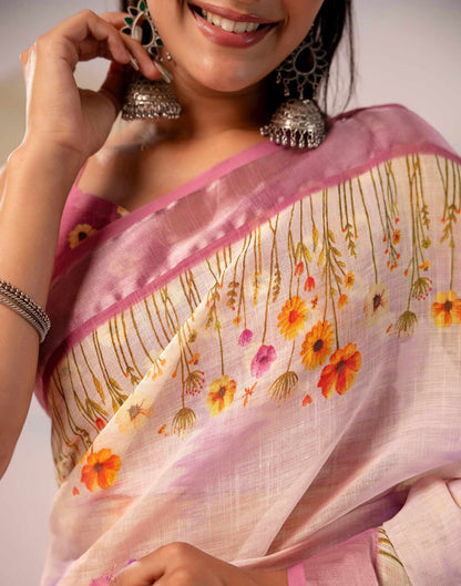 Light Pink Linen Printed Zari Border Saree