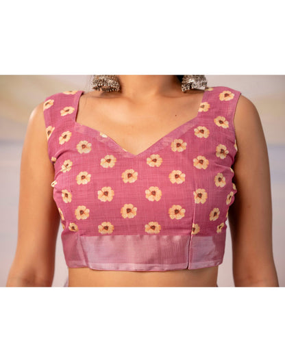 Light Pink Linen Printed Zari Border Saree