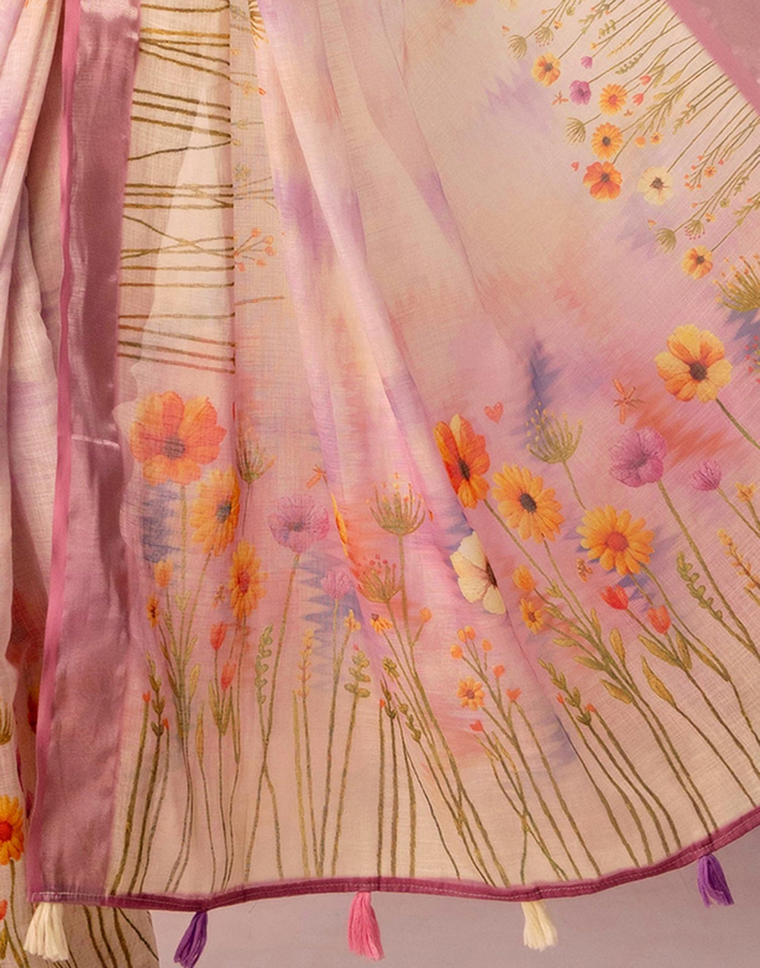 Light Pink Linen Printed Zari Border Saree