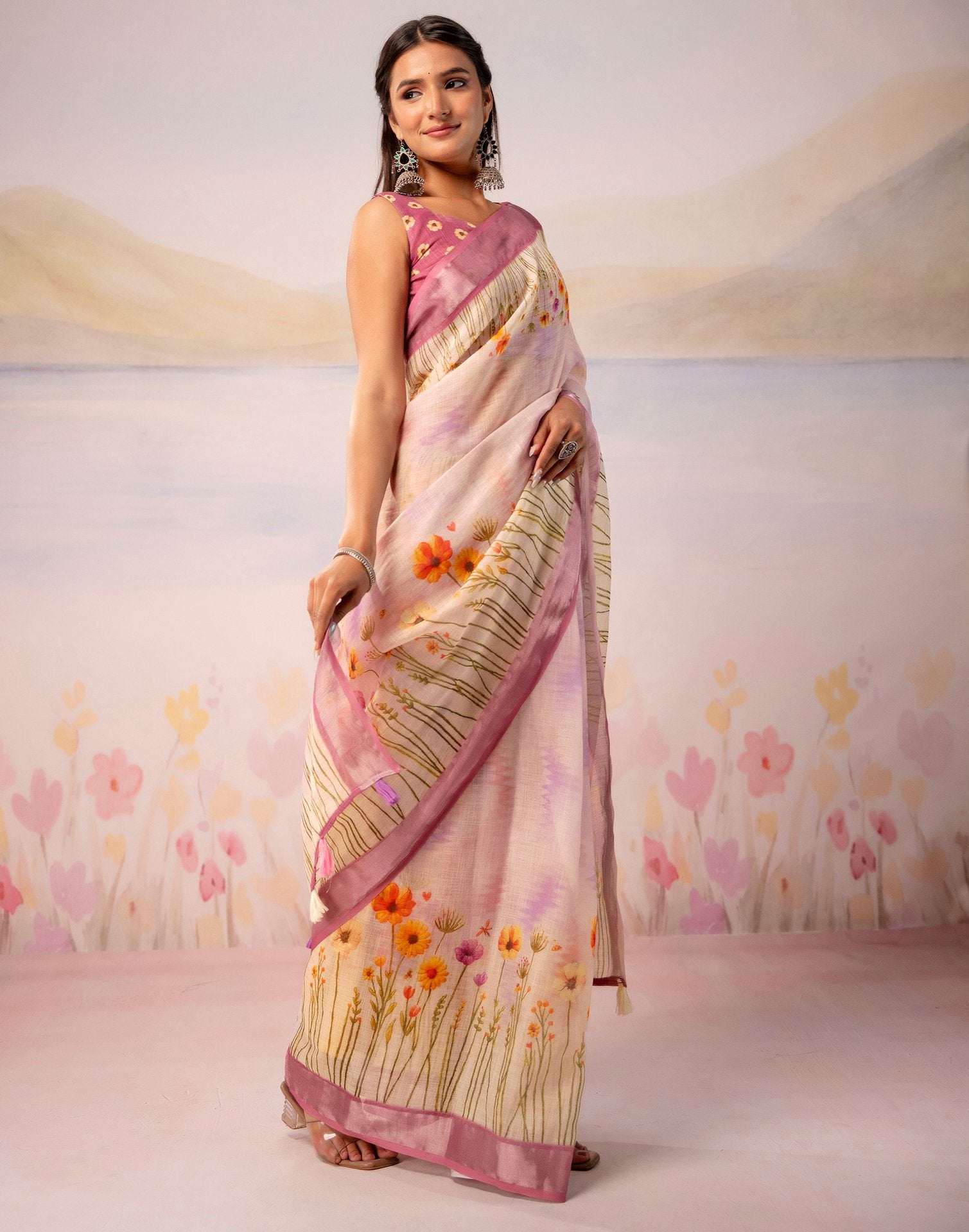 Light Pink Linen Printed Zari Border Saree