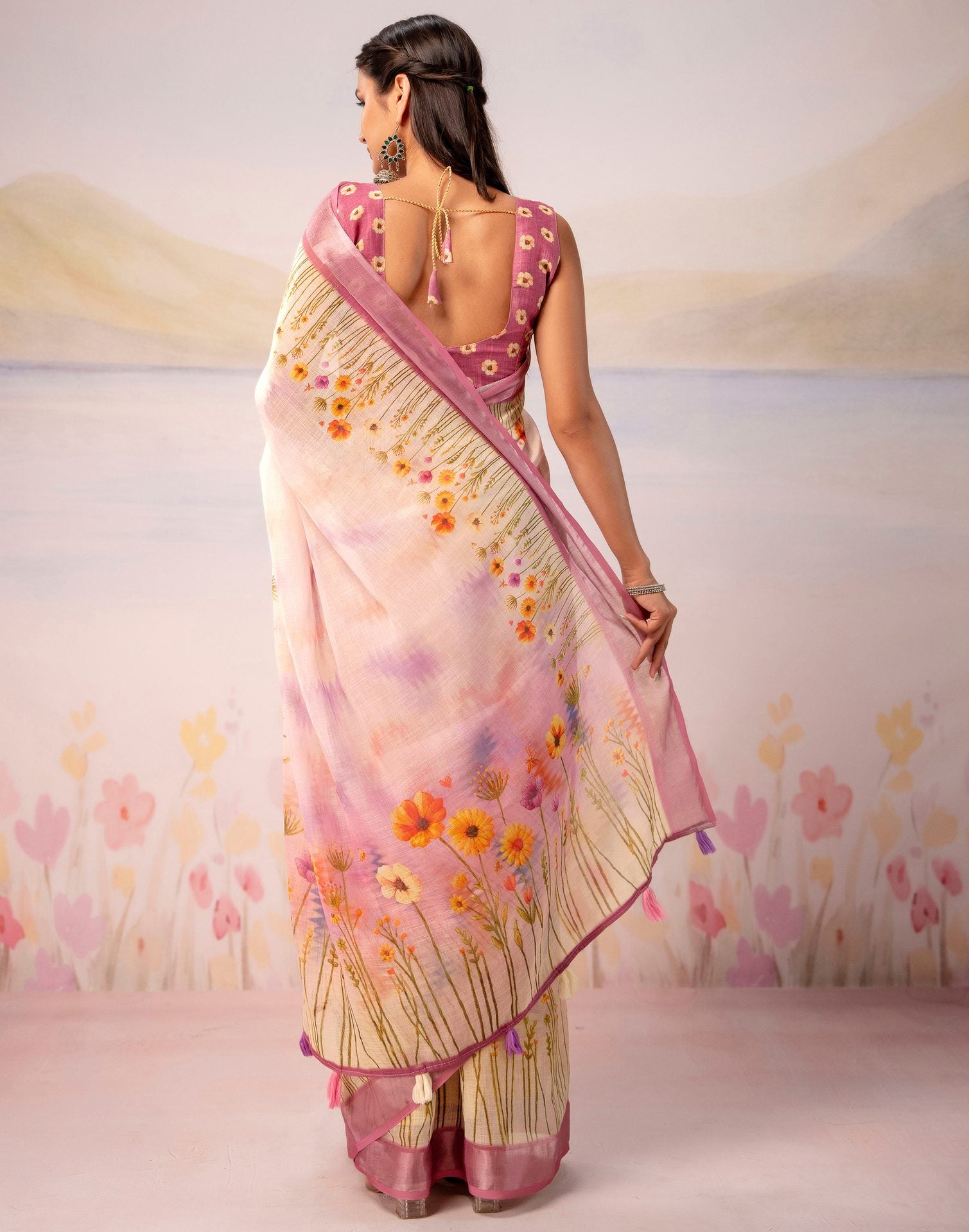 Light Pink Linen Printed Zari Border Saree